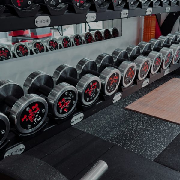 Dumbbell racks in the free weights area