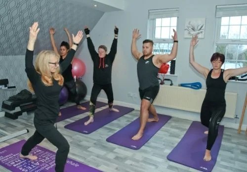 A yoga class holding a standing pose on mats