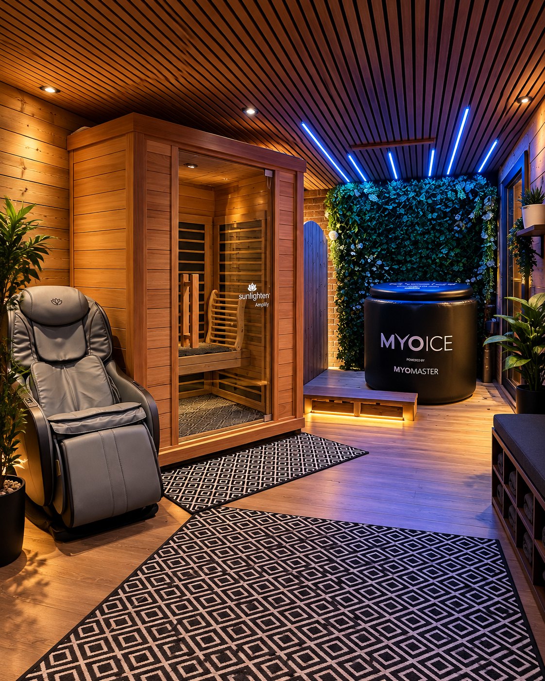 The recovery lodge with the Sunlighten infrared sauna and ice bath
