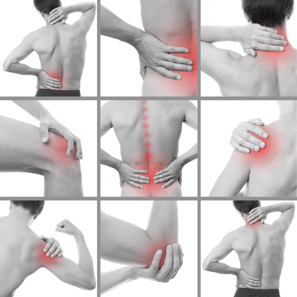 Nine photos of people holding their back, neck, shoulder, knee and elbow, with the painful area highlighted in red