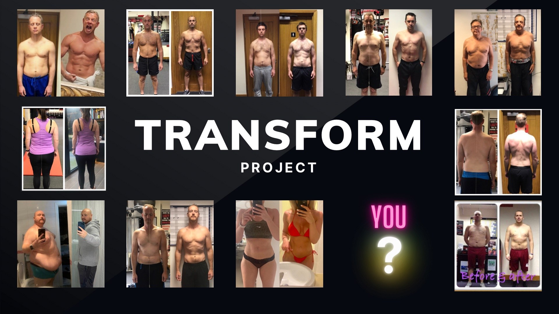 Before and after photos of Masters Fitness Transform Project clients, with a space for you
