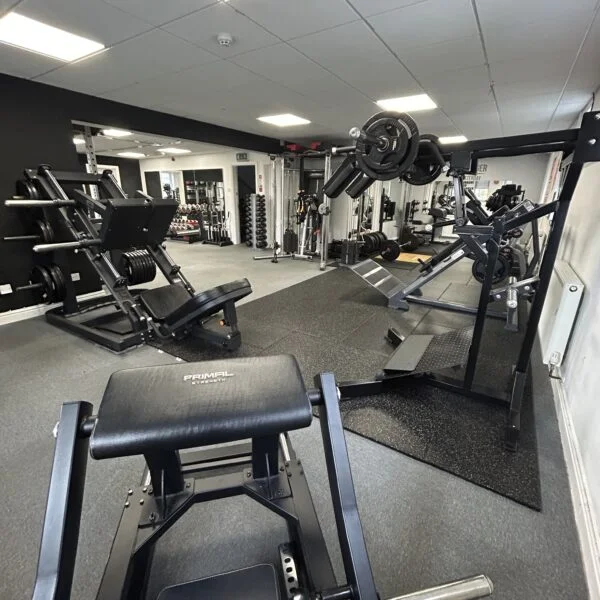 Plate-loaded machines on the gym floor