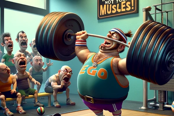 A cartoon of an oversized weightlifter showing off in the gym